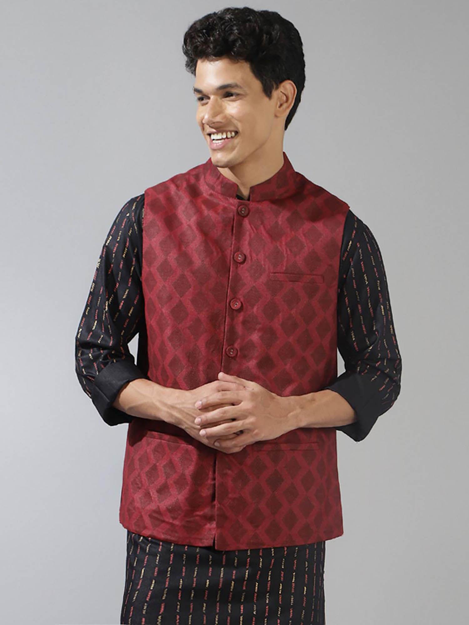 red viscose silk printed nehru jacket