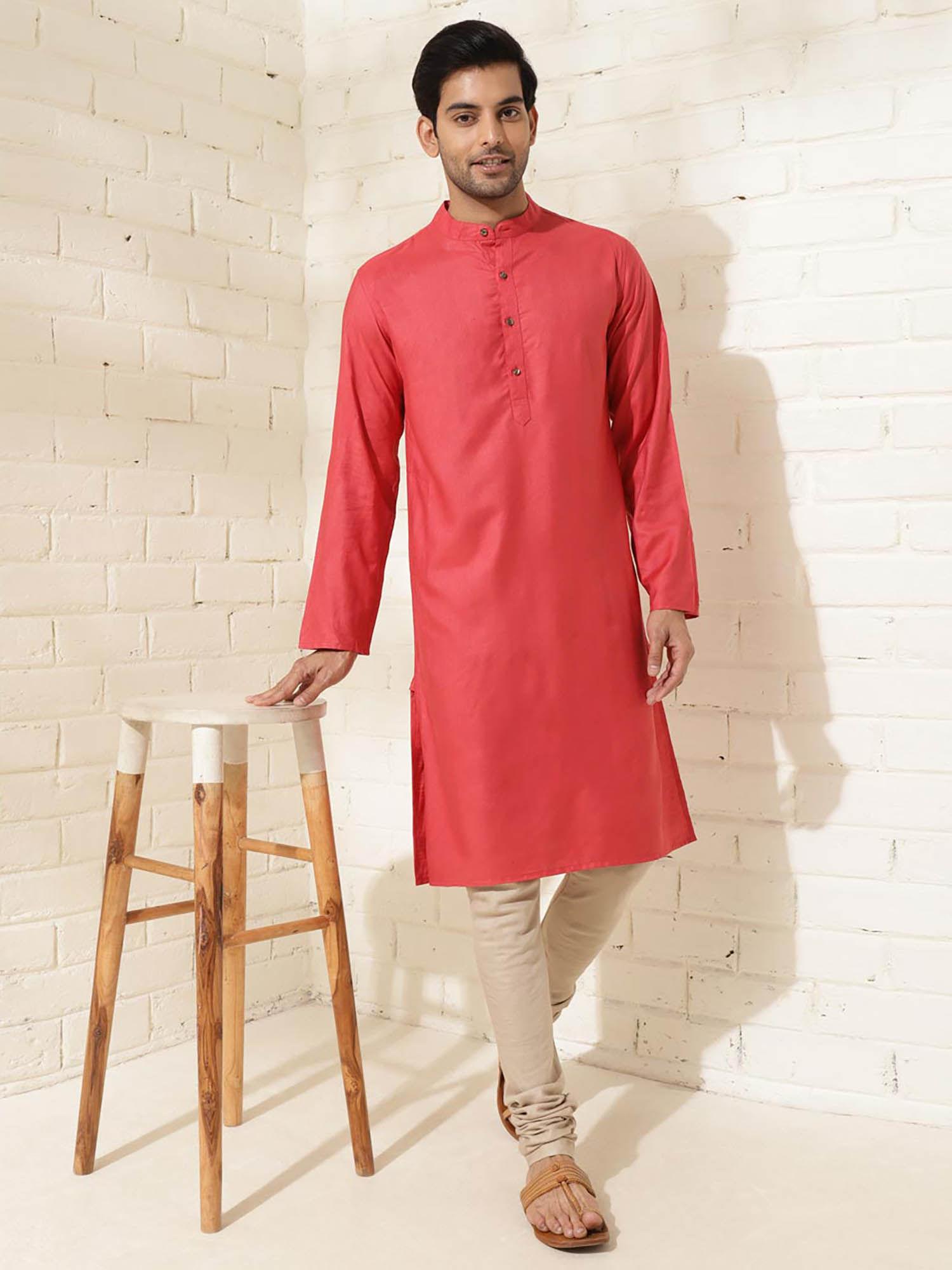 red viscose silk slim fit long kurta