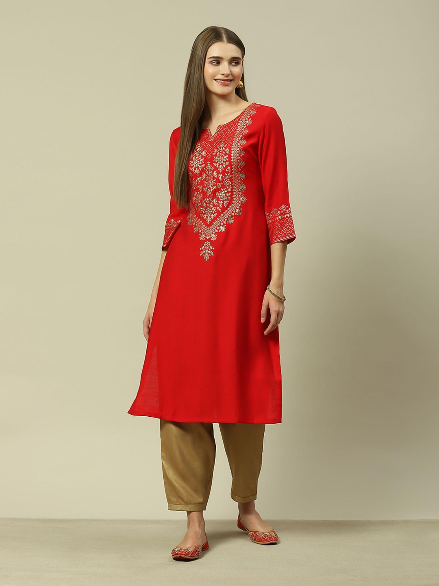 red viscose straight printed kurta