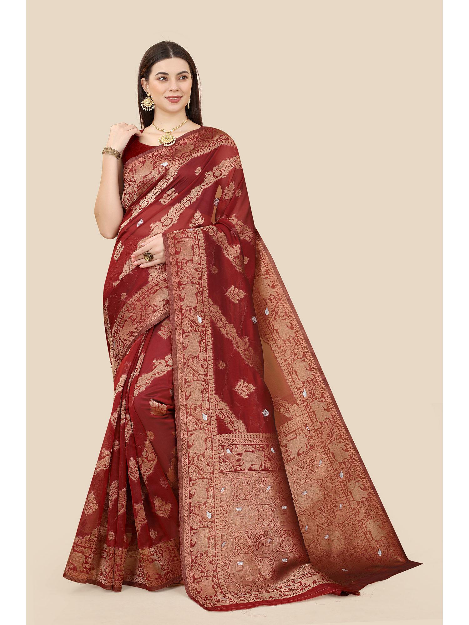 red weaving silk saree with unstitched blouse