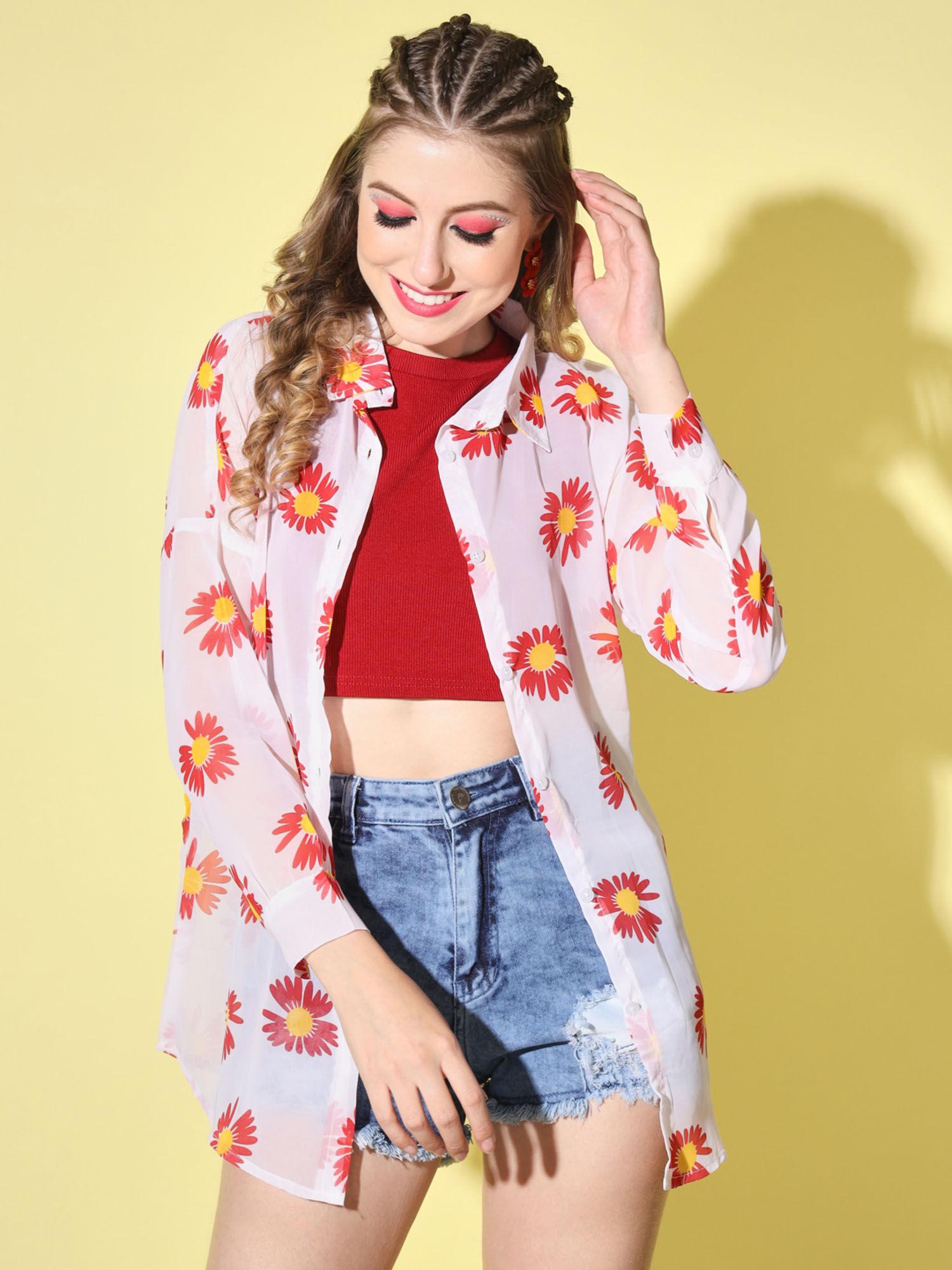 red white boxy fit georgette floral print women long shirt