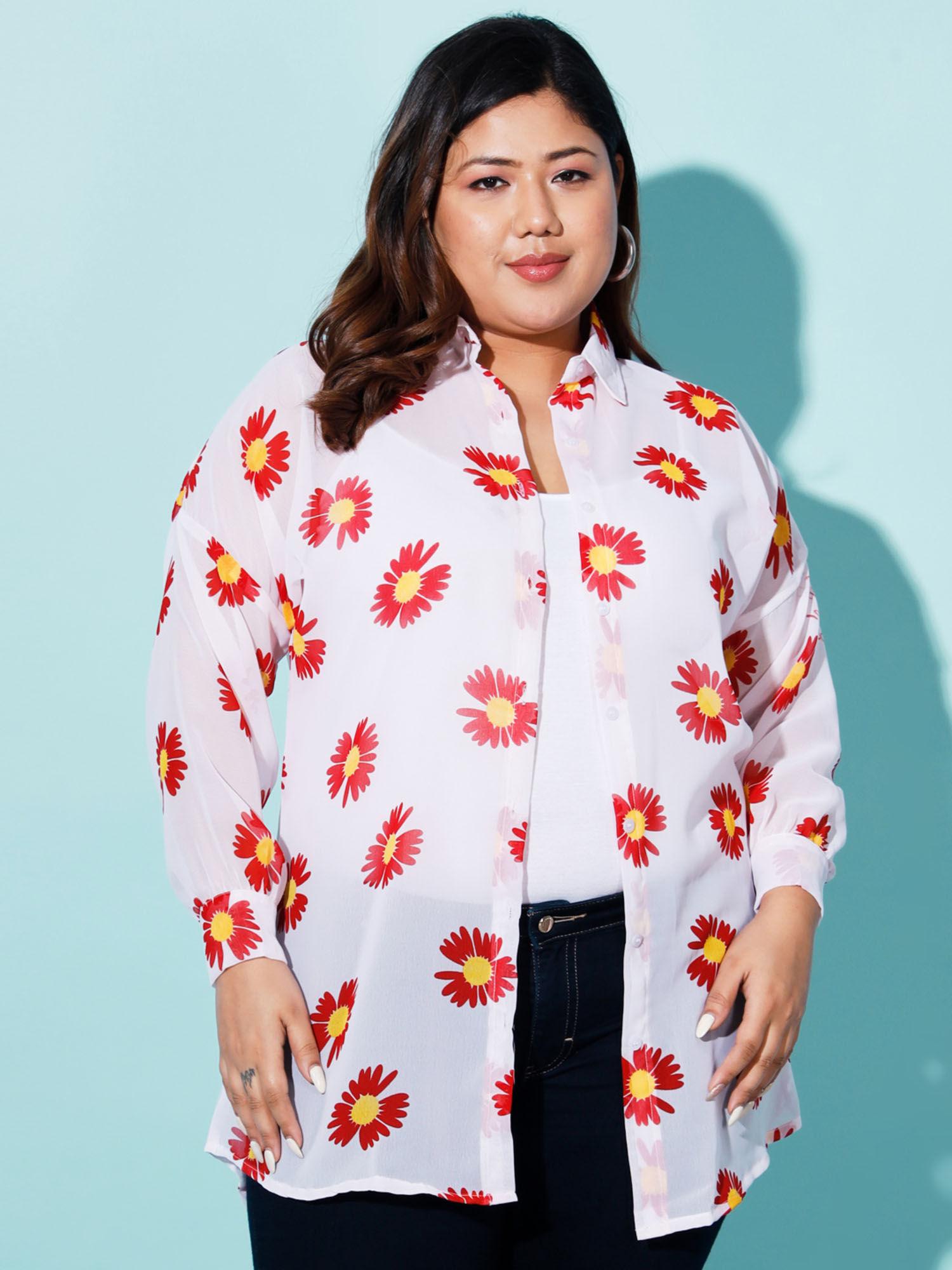 red white boxy fit georgette floral print women plus size long shirt