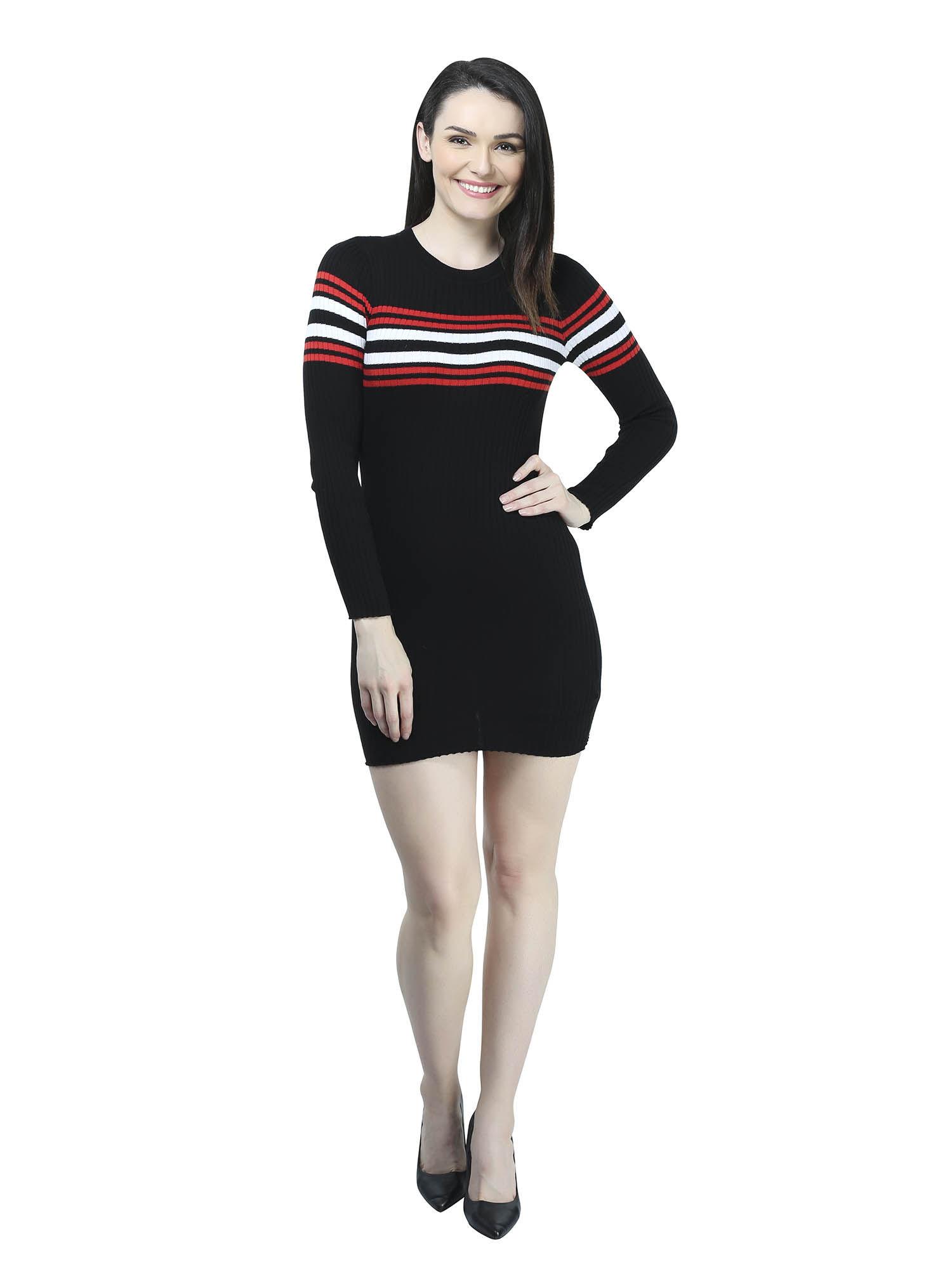 red white striped bodycon ribbed knit black dress for women