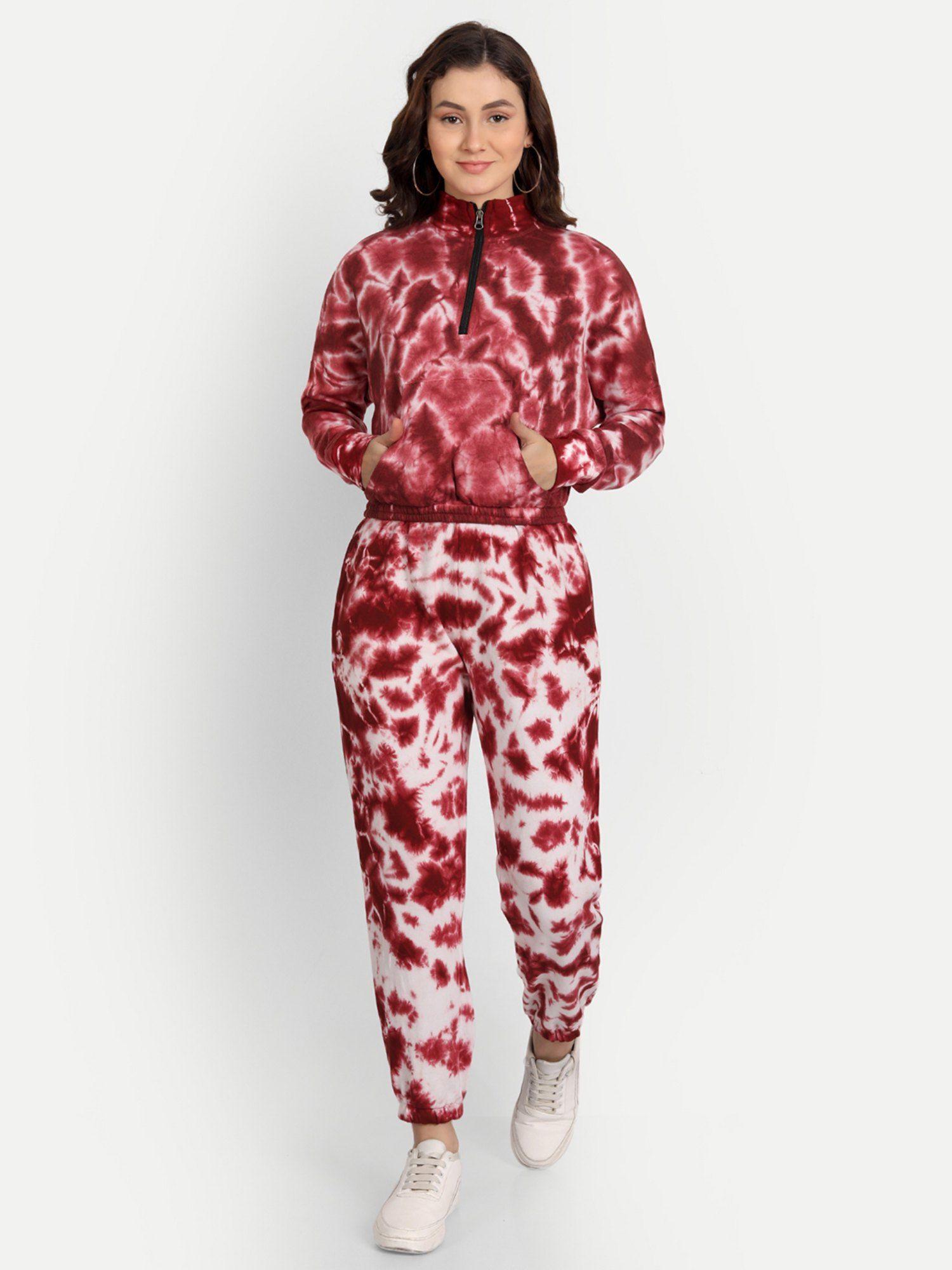 red-white zip-up high neck sweatshirt tie-dye joggers (set of 2)