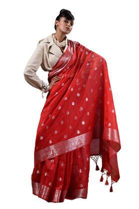 red with silver zari weaved banarasi silk saree and beautiful jacquard weave pallu and blouse with blouse piece - red