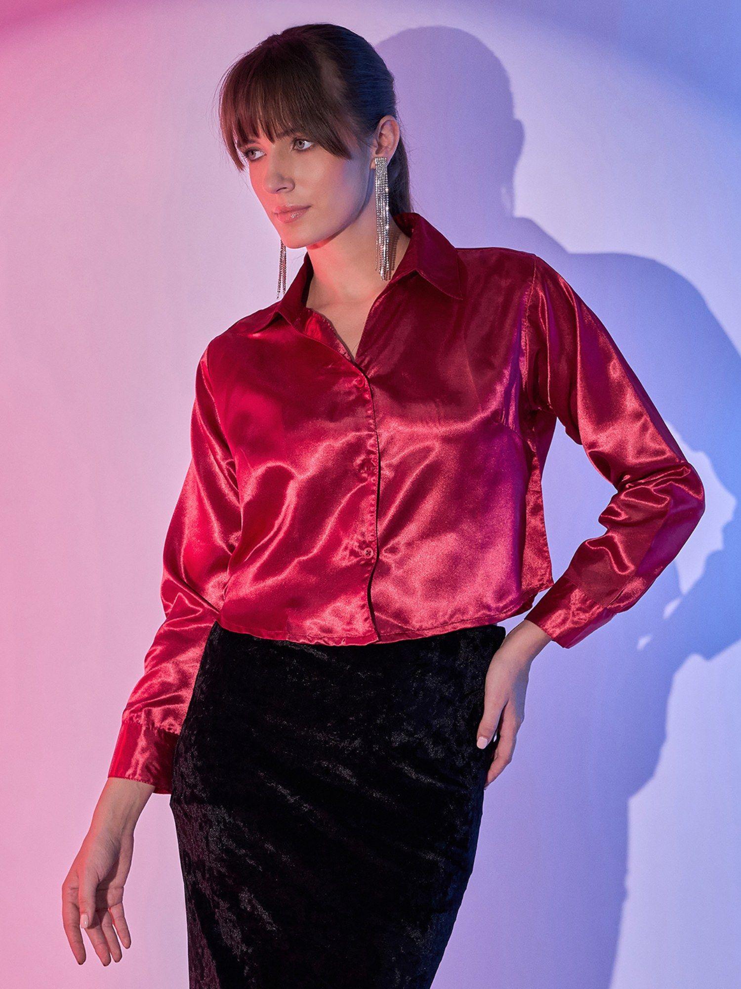 red women's cropped formal satin shirts