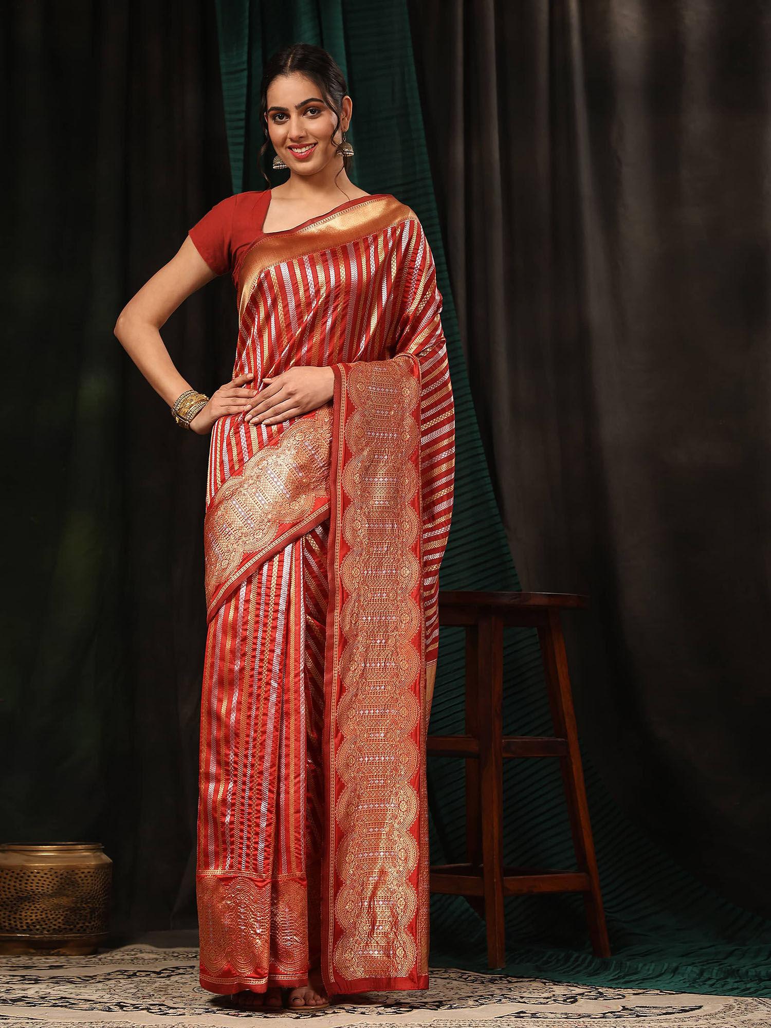 red women banarasi art silk striped zari woven saree with unstitched blouse