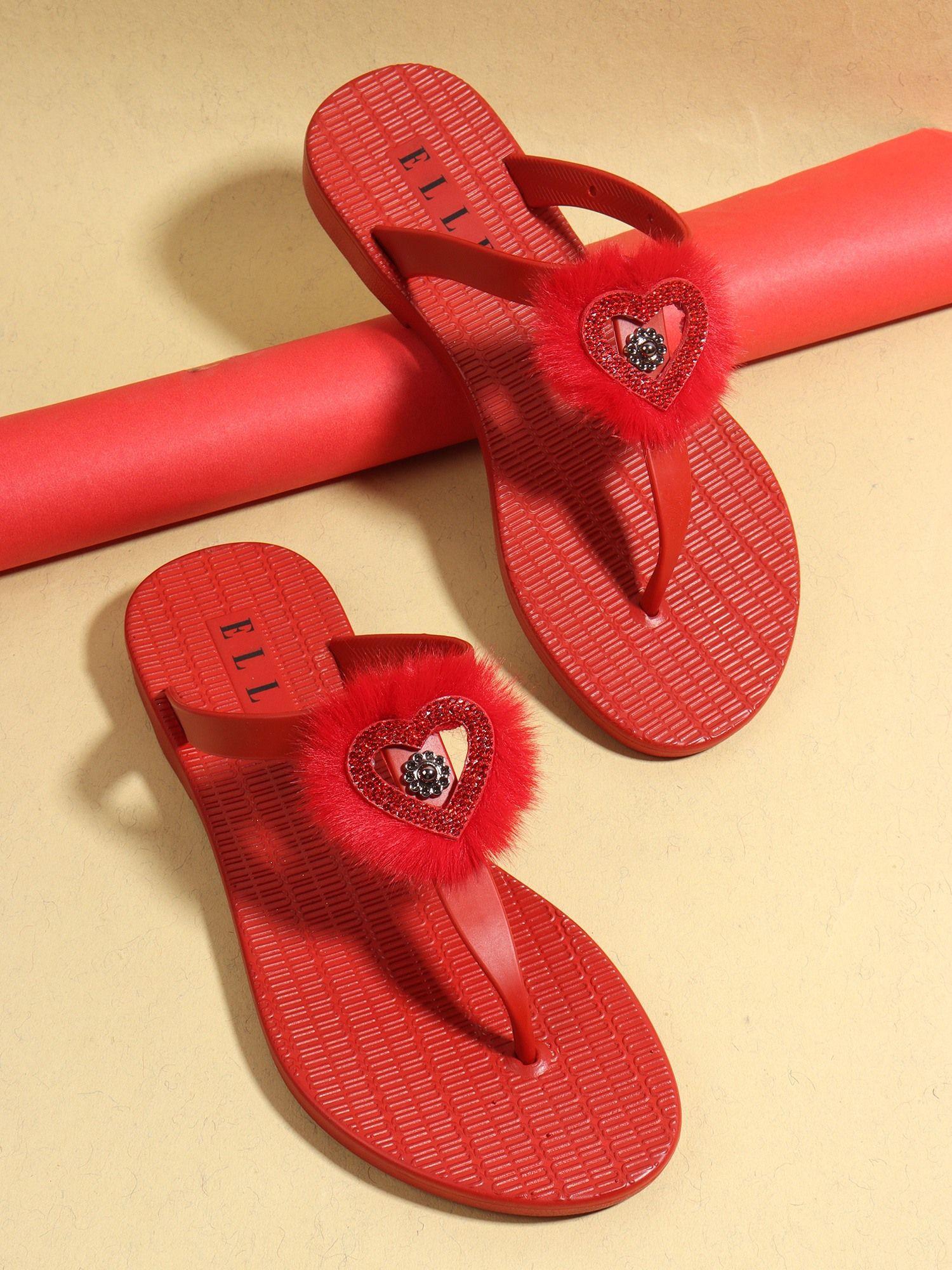 red women slip on flipflops