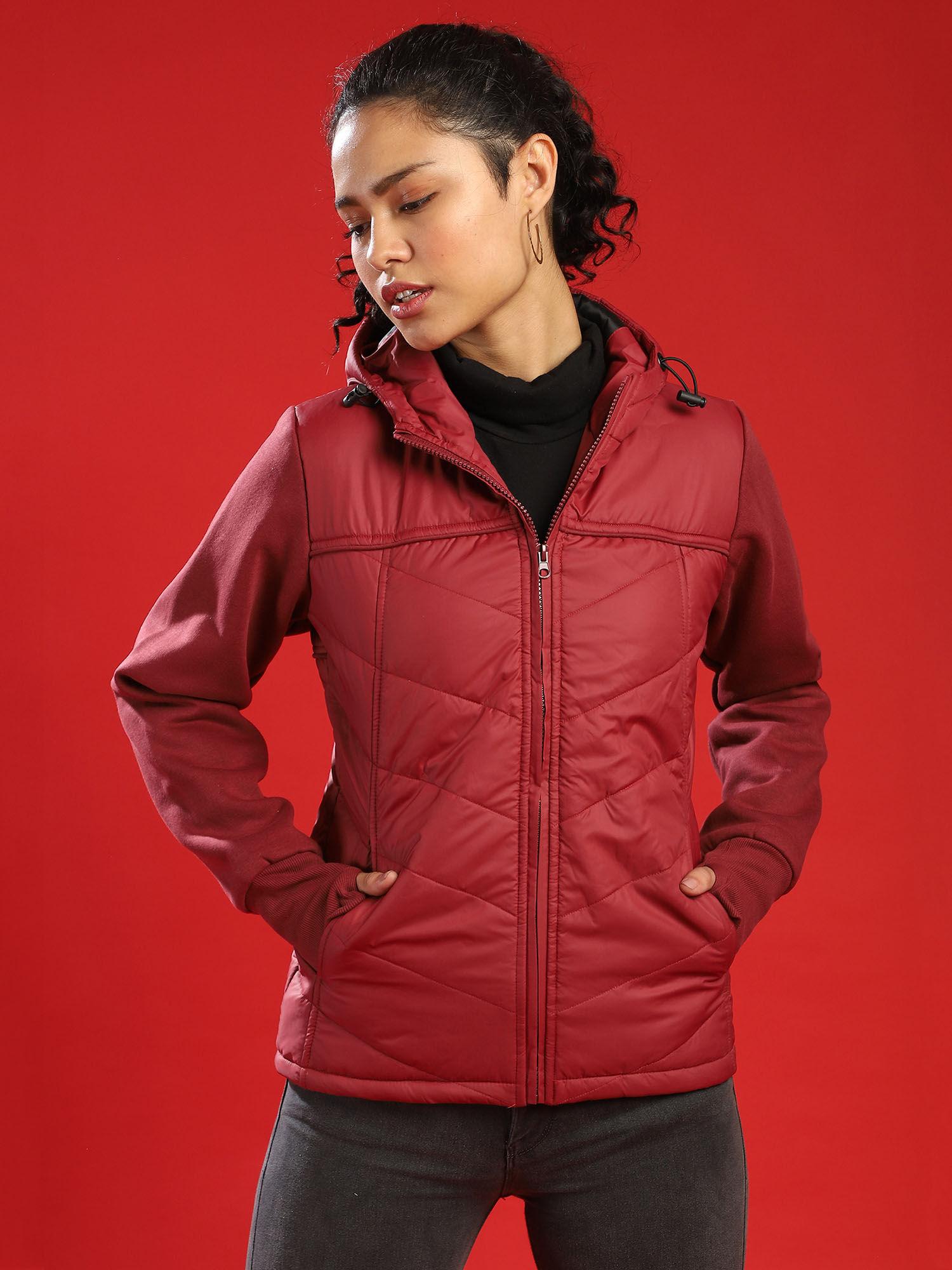 red women solid stylish casual bomber jacket