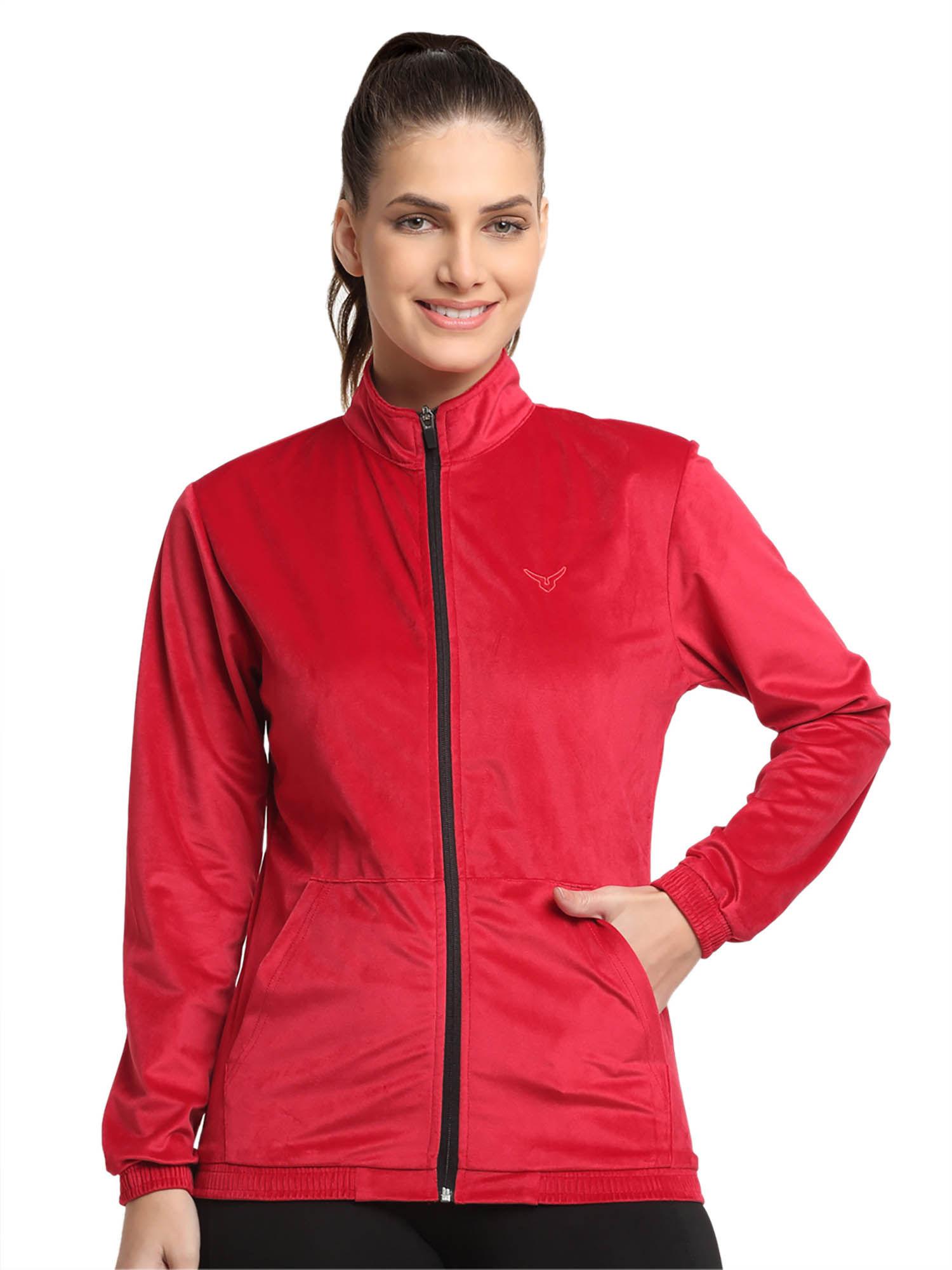 red womens velour full zip jacket