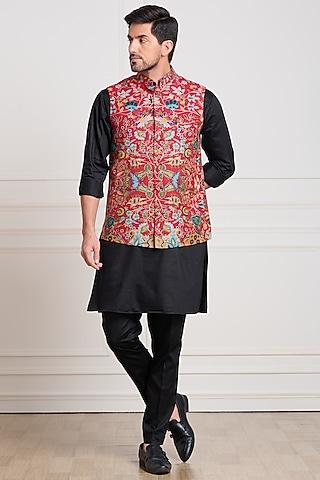 red wool embroidered bundi jacket