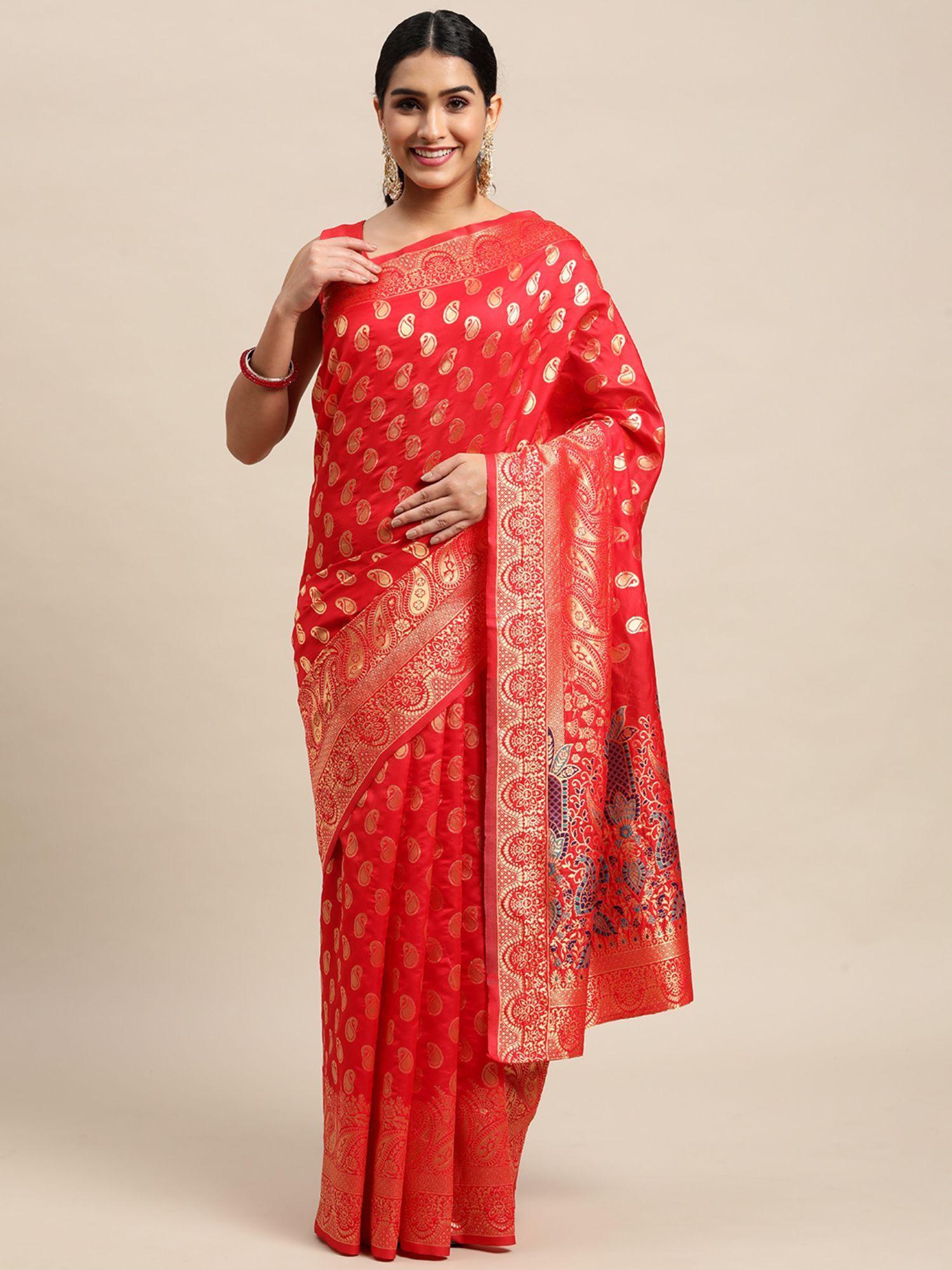 red woven design banarasi saree with unstitched blouse