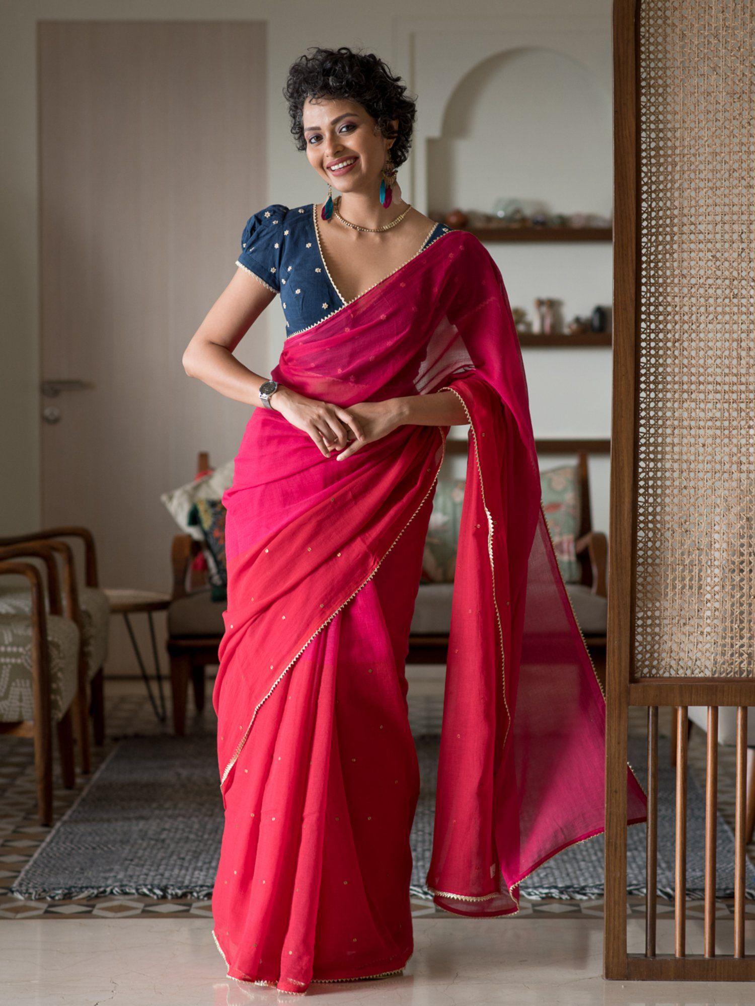 red woven design pure cotton saree without blouse