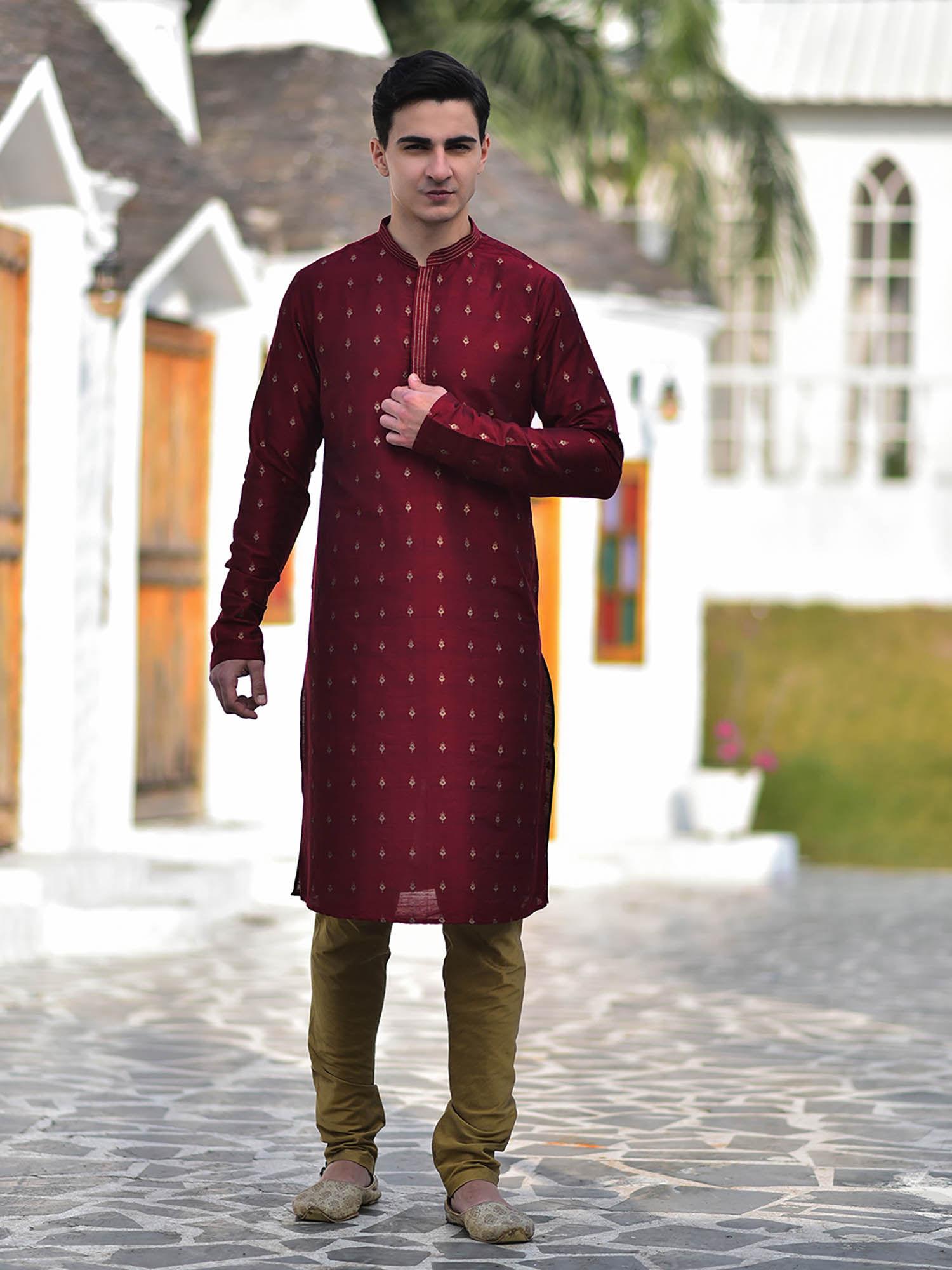 red woven kurta with churidar (set of 2)