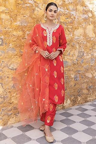 red woven silk blend straight kurta set