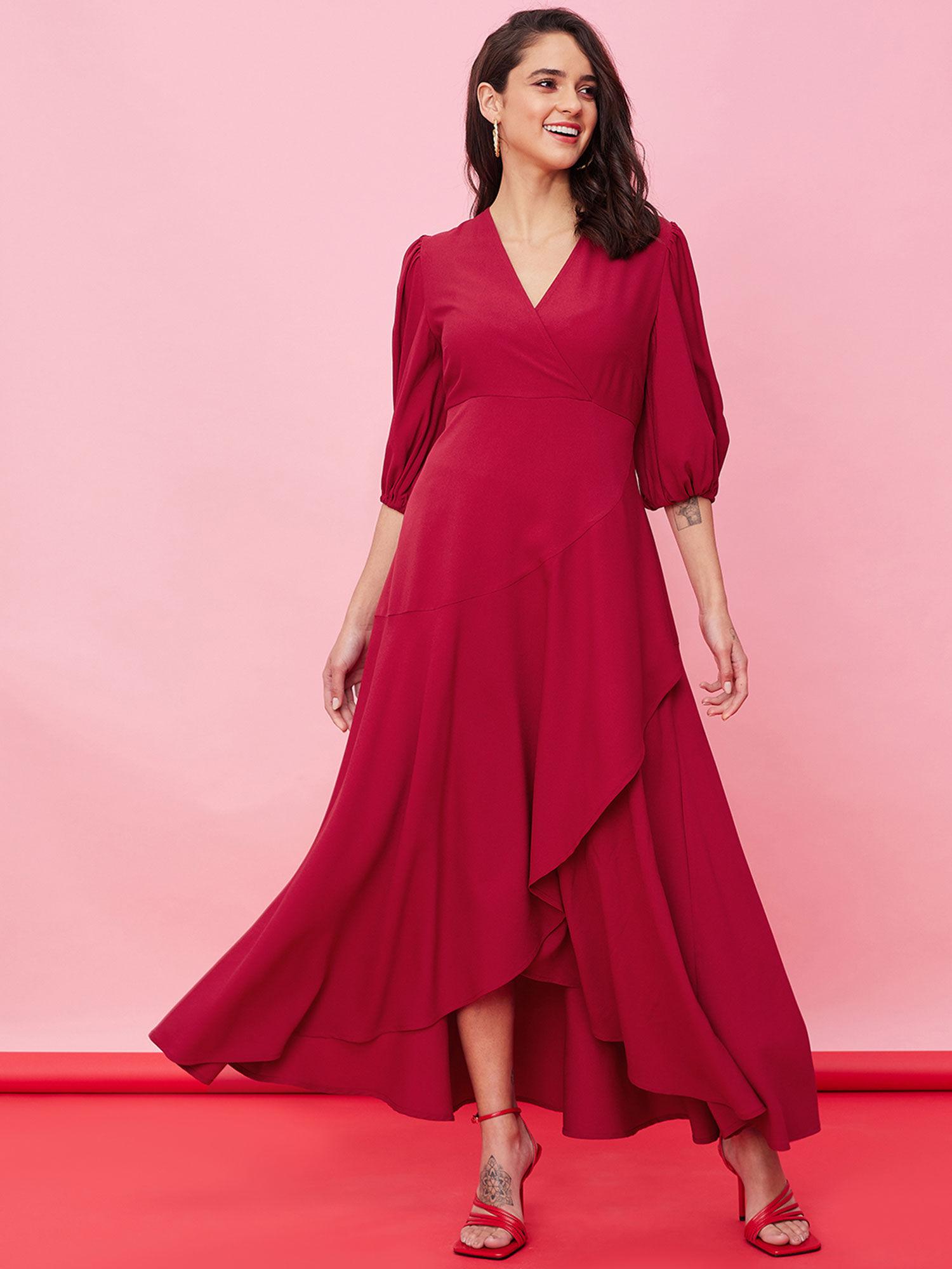 red wrap ruffle maxi dress