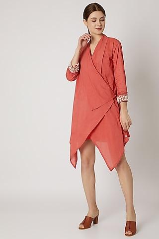 red wrap tunic with embroidered cuffs