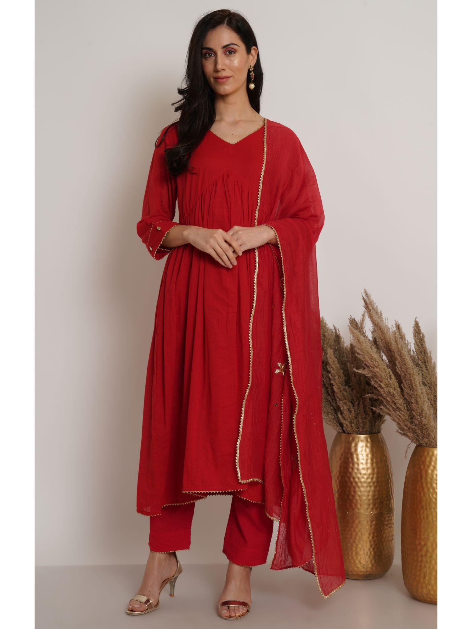 red yoke anarkali kurta with pant and dupatta (set of 3)