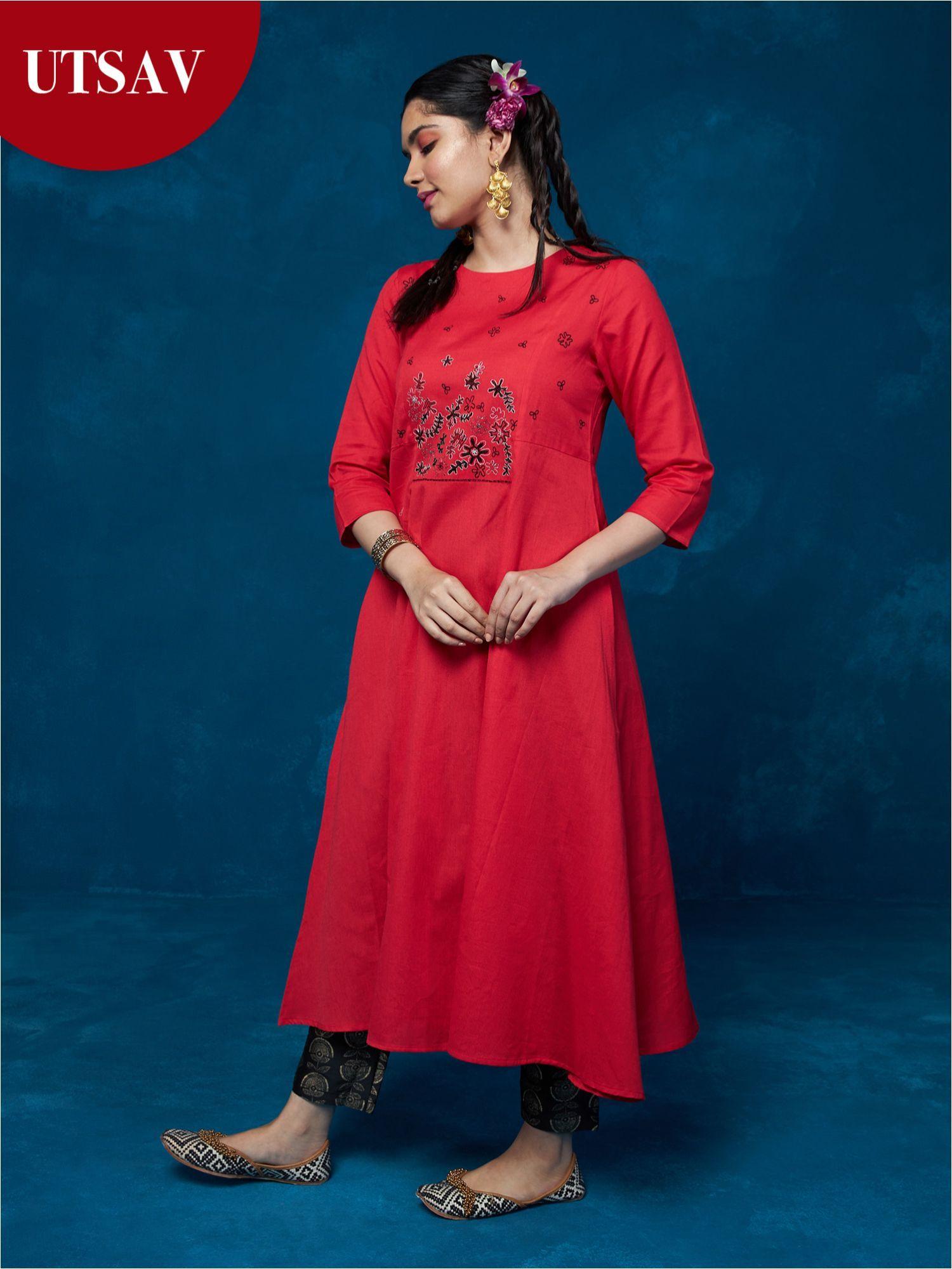 red yoke embroidered fit and flare kurta likkur91