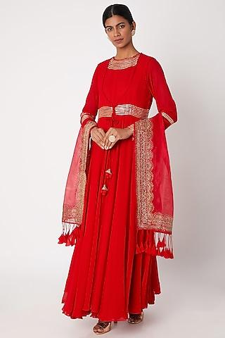 red zardosi embroidered anarkali with jacket & dupatta