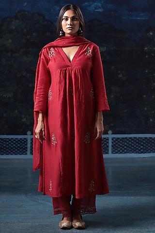 red zardosi embroidered gathered kurta set