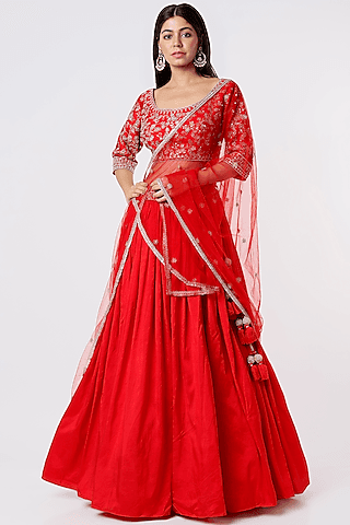 red zardosi embroidered lehenga set