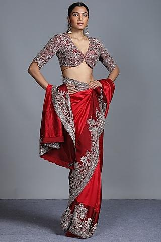 red zardosi embroidered saree set