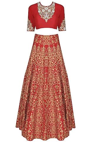 red zari, pearls and sequins floral embroidered blouse and lehenga set
