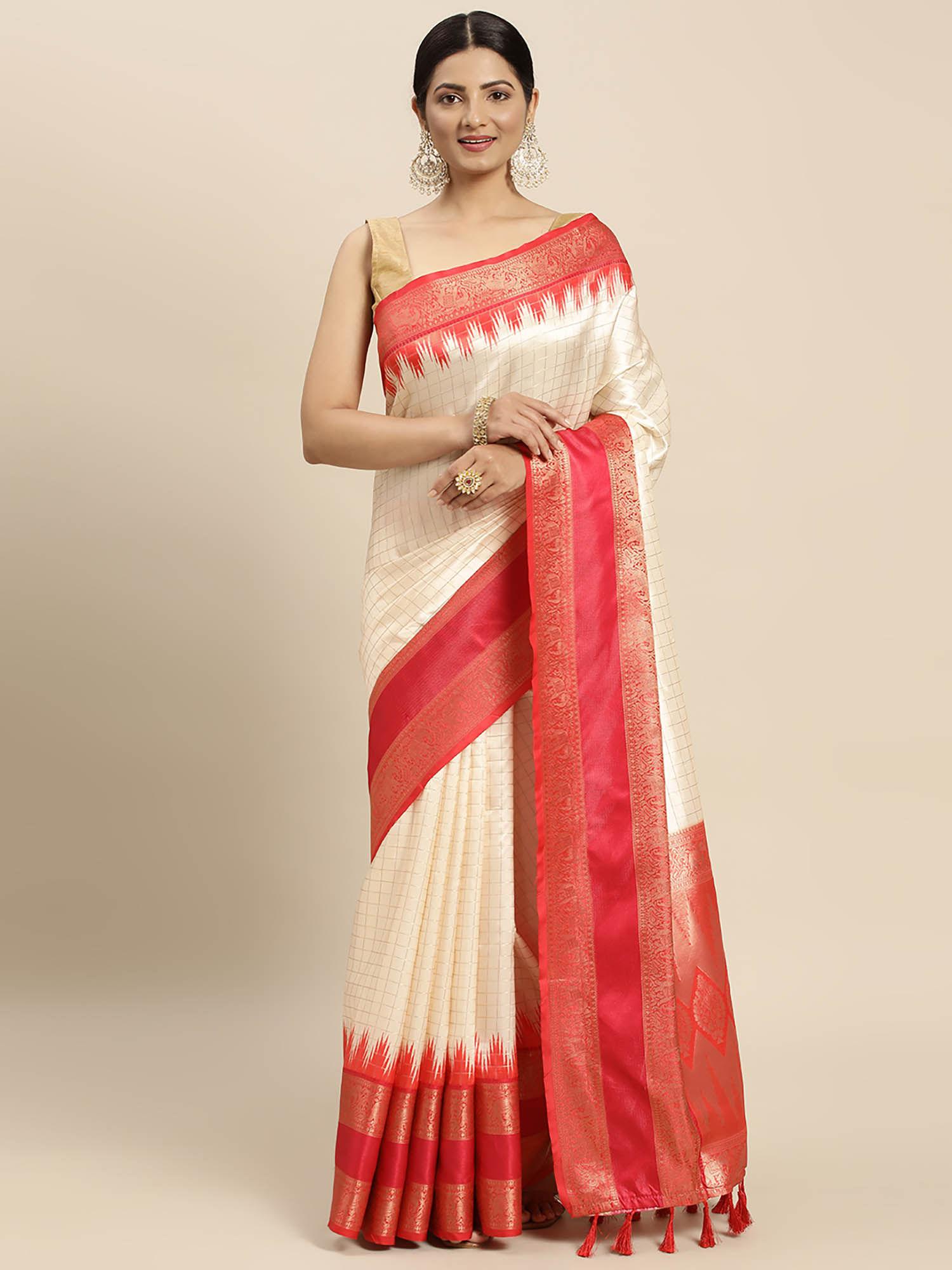 red zari checked zari banarasi saree with unstitched blouse