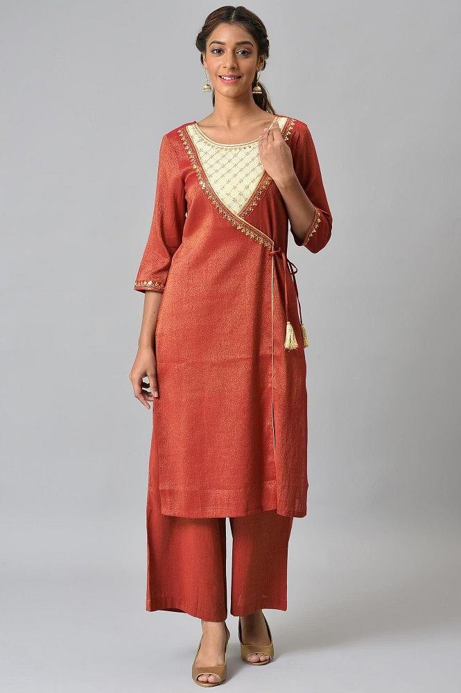 red zari embroidered kurta and straight palazzo set