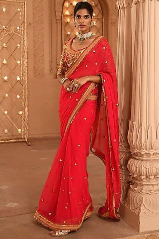 red zari embroidered saree set