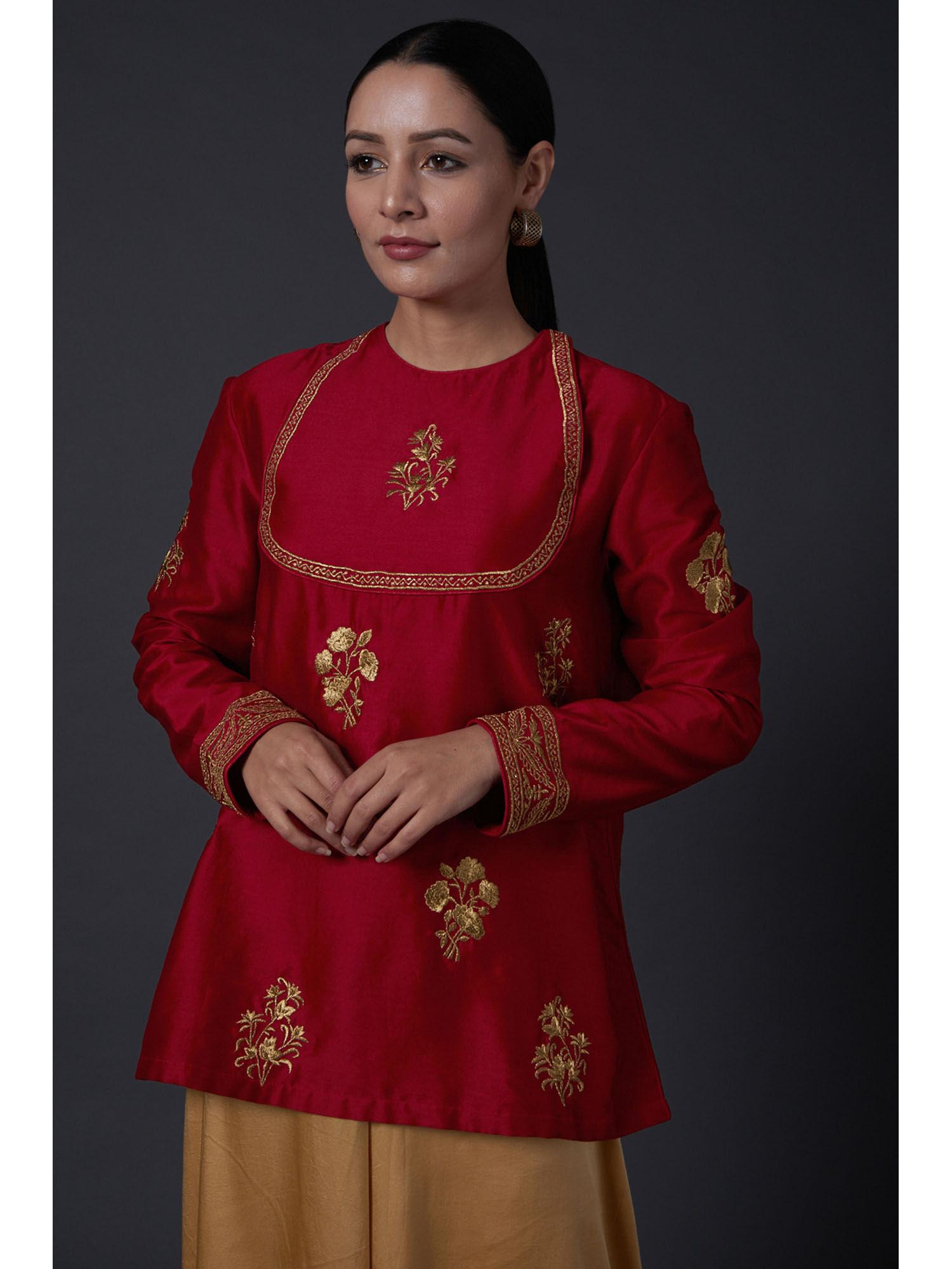 red zari embroidered tunic