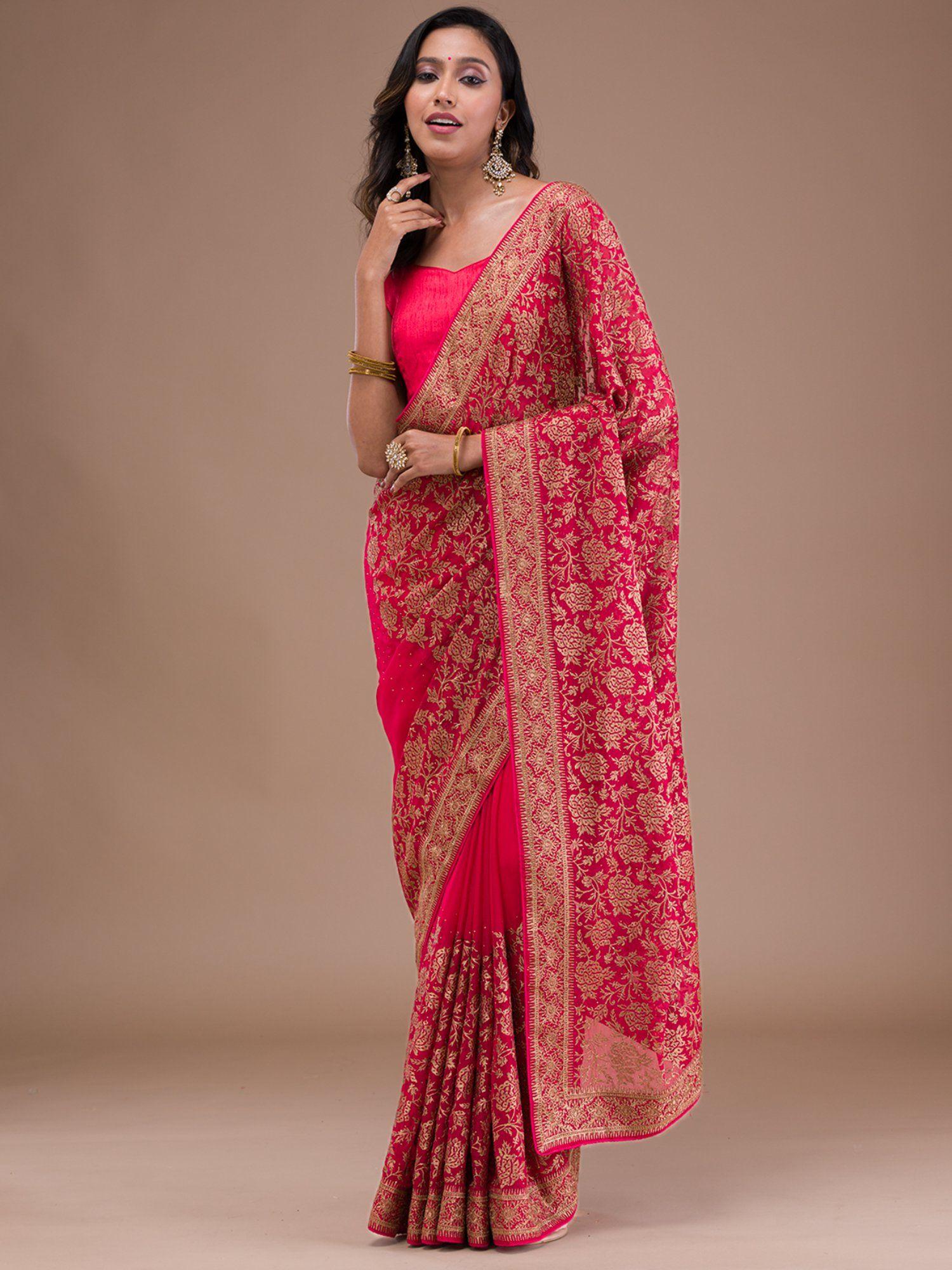 red zari work georgette saree with unstitched blouse