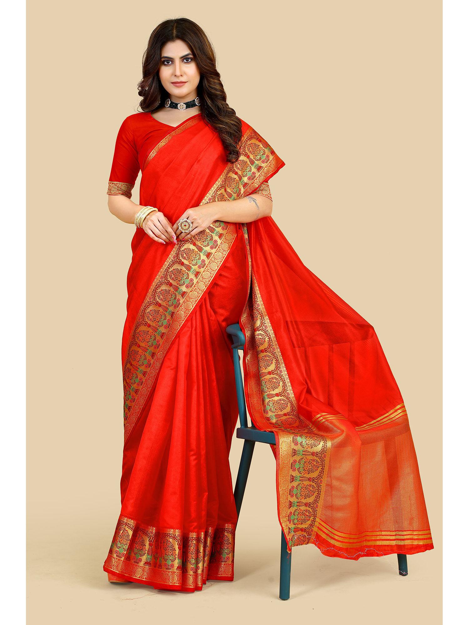 red zoya silk saree with unstitched blouse