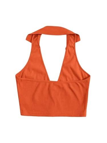 redamancii round neck sleeveless polo crop backless ribbed top orange