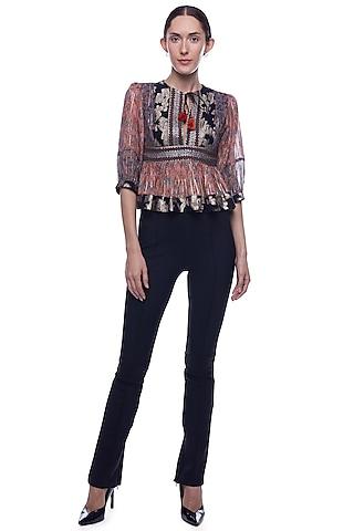 reddish brown printed & embroidered blouse