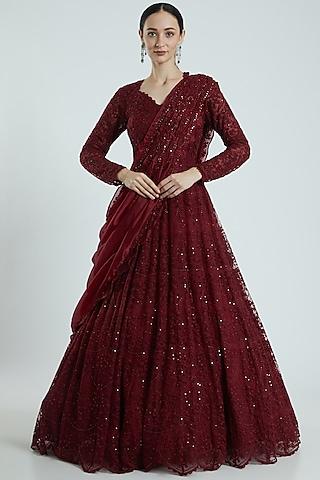 reddish-maroon embroidered anarkali set