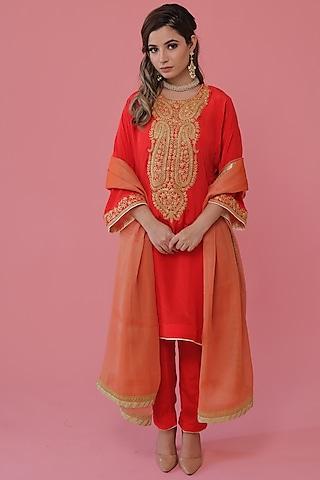 reddish orange embroidered kurta set