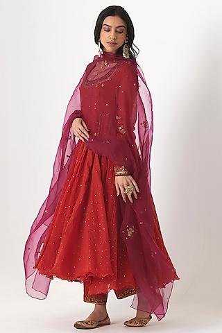 reddish-orange mukaish chanderi aari & zardosi hand embroidered anarkali set