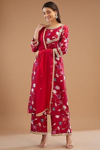 reddish pink chanderi silk embroidered kurta set