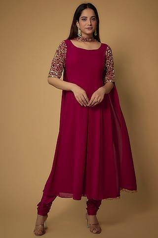 reddish pink georgette embellishments anarkali set