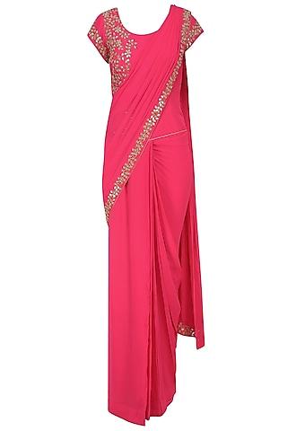 reddish pink mirror work saree with matching blouse