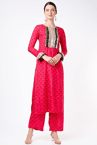 reddish-pink printed & embroidered straight kurta set for girls