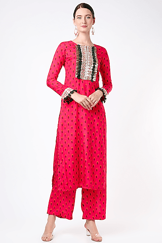 reddish-pink printed & embroidered straight kurta set