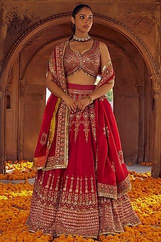 reddish pink raw silk sequins & mughal embroidered lehenga set