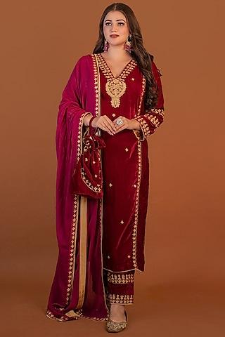 reddish pink velvet machine embroidered kurta set