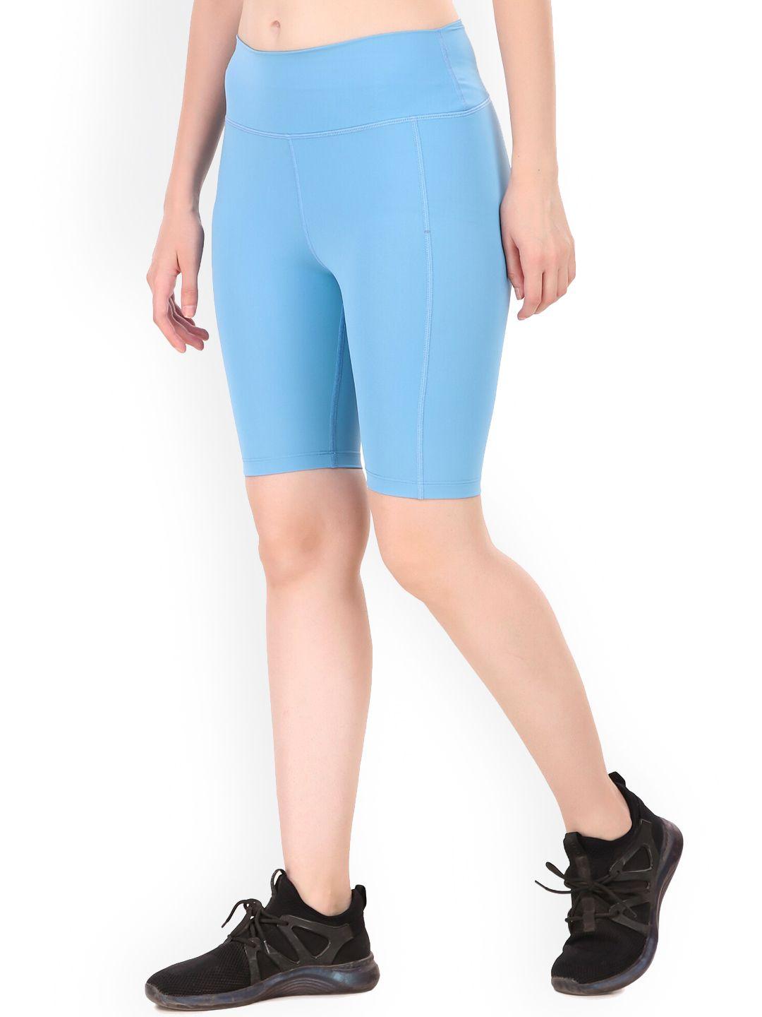 redesign women blue skinny fit high-rise nylon compression running sports shorts