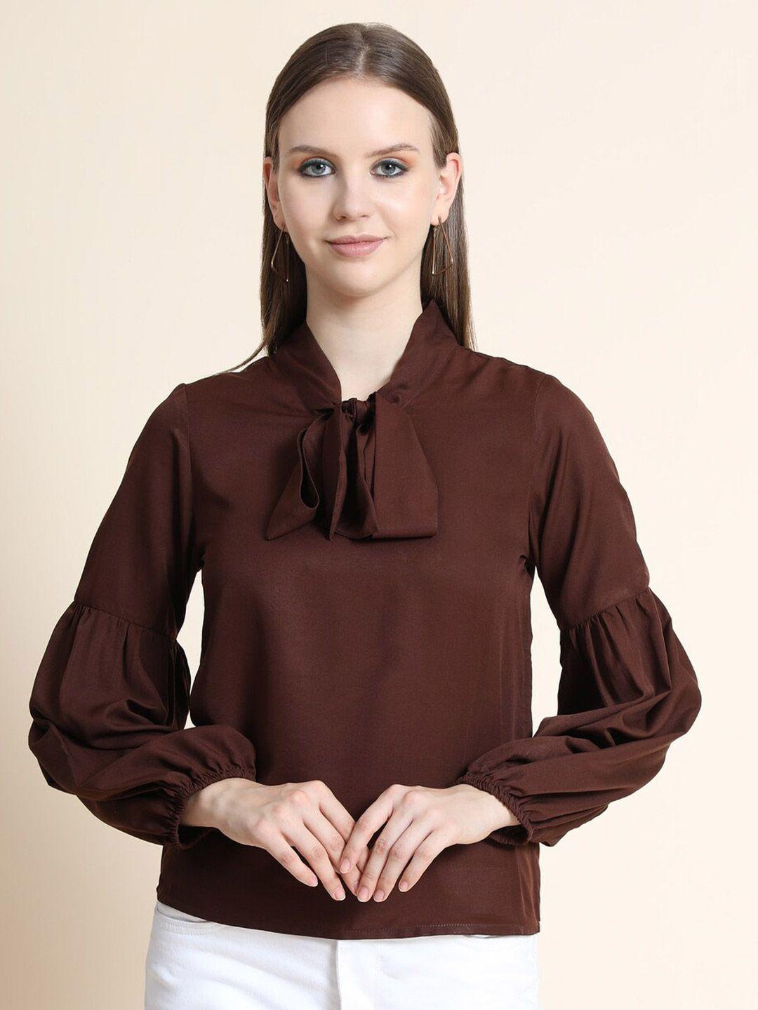 rediscover fashion coffee brown tie-up neck bishop sleeves top