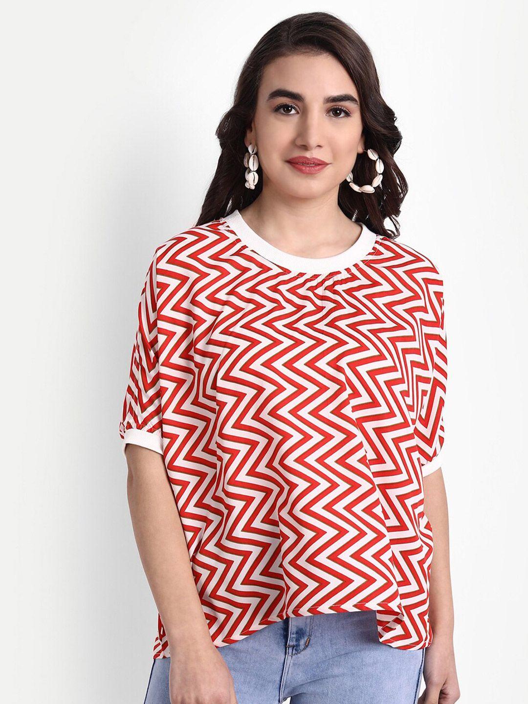rediscover women fashion red & white zig zag print rib top