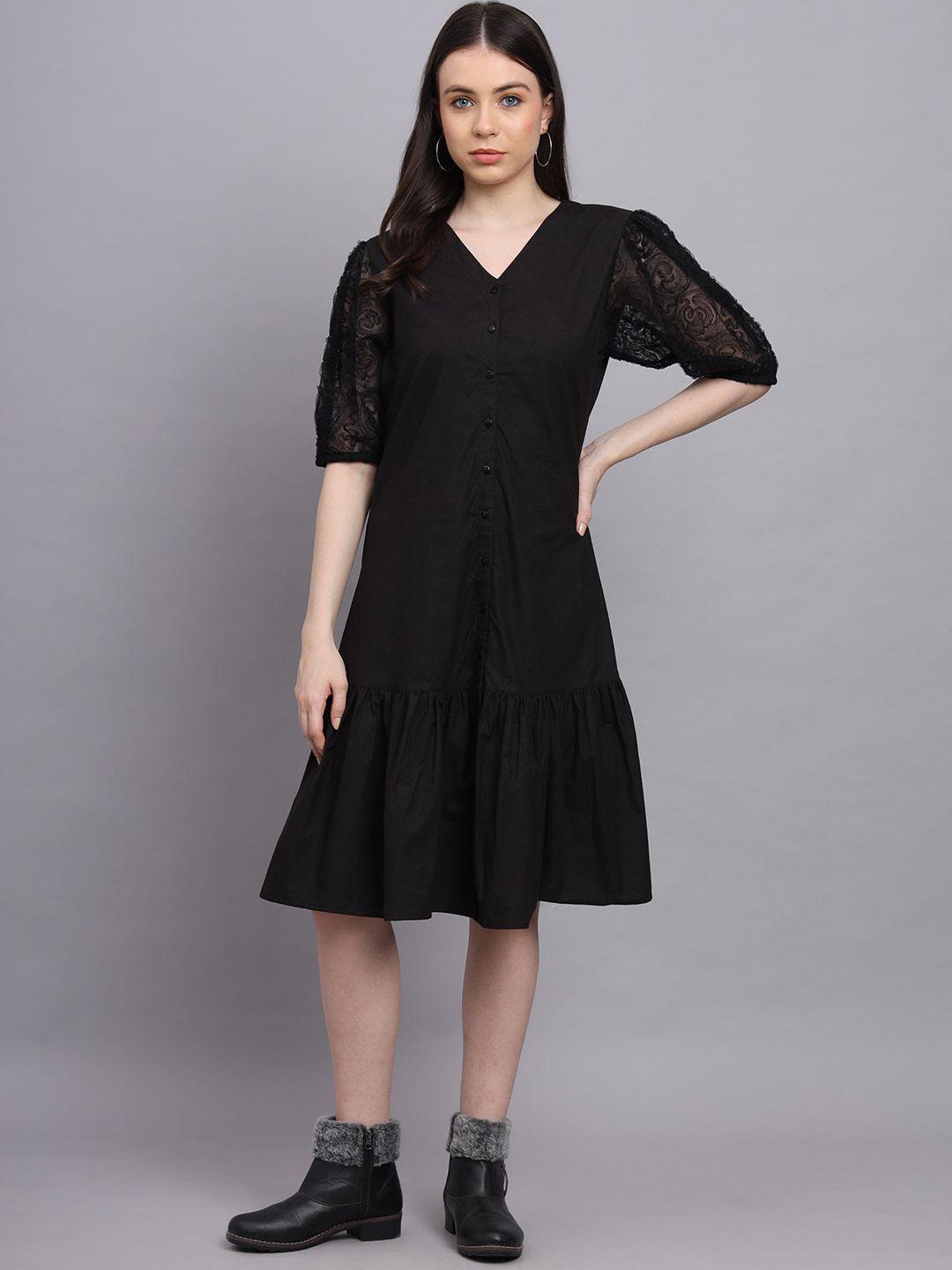 rediscover fashion black puff sleeve a-line midi dress